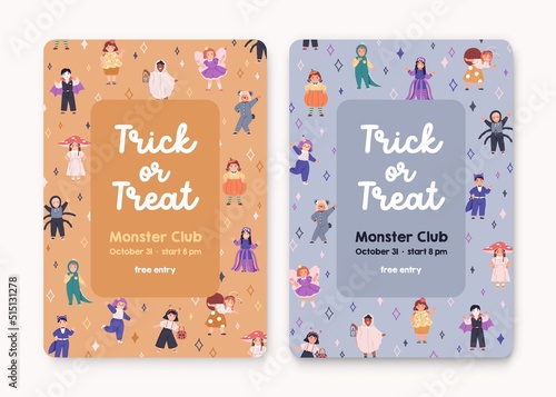 Halloween background designs. Trick or Treat party cards with cute kids in ho...