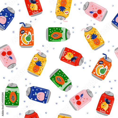 Soft drinks cans seamless pattern. Cute childish print. Vector hand drawn illustration.