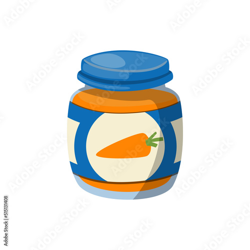 Carrot Puree in Baby Food Jar with Label and White Bowl