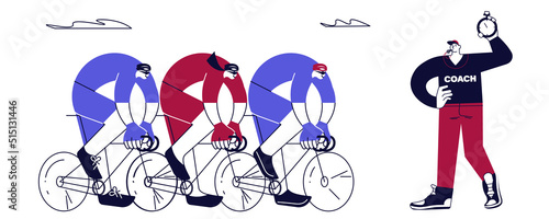 Cycle racing banner with male and female cyclists and coach