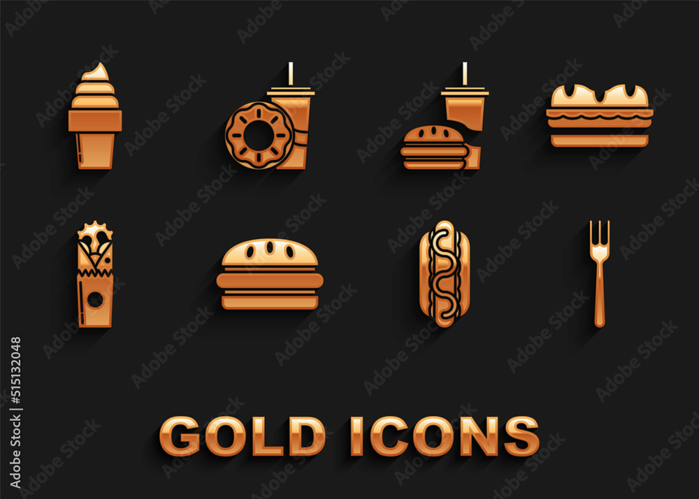 Set Burger, Sandwich, Fork, Hotdog sandwich with mustard, Doner kebab, Paper glass drinking straw burger, Ice cream waffle cone and donut icon. Vector Set Burger, Sandwich, Fork, Hotdog sandwich with mustard, Doner kebab, Paper glass drinking straw burger, Ice cream waffle cone and donut icon. Vector
