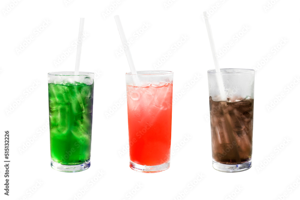 Glasses with red, green and cola water with ice isolated on white. Glasses with red, green and cola water with ice isolated on white.