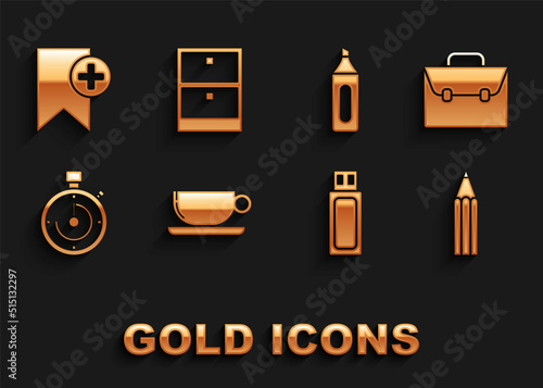 Set Coffee cup flat, Briefcase, Pencil, USB flash drive, Marker pen, Bookmark and Archive papers drawer icon. Vector