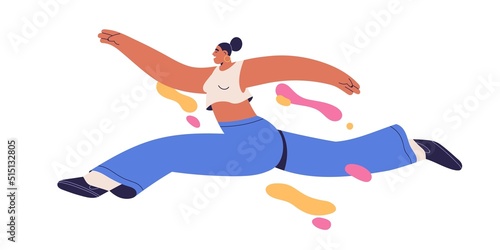 Happy free young woman flying, jumping with energy and enthusiasm. Carefree girl floating in air, feeling freedom, joy and inspiration. Flat graphic vector illustration isolated on white background