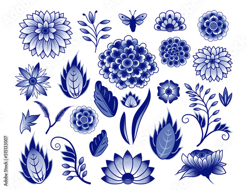 Set of isolated blue and  white Chinese style floral elements (various flowers, leaves, twigs, curls, butterfly). Vector clipart.