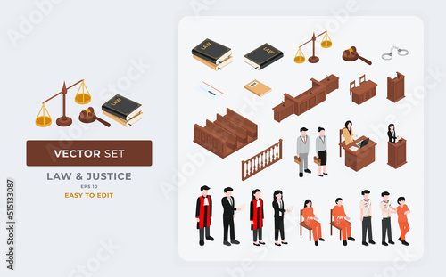 Vector elements of law and justice set isometric. This design is perfect for law firm offices, and government justice elements. Fully editable full color eps 10 file format.