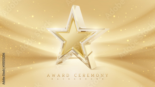 Award ceremony background with 3d gold star element and glitter light effect decoration.