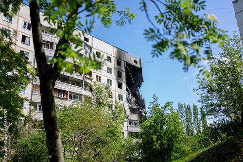 Kharkiv, Eastern Europe, Ukraine May 14, 2022, war in the city, Russian air bomb hit a residential apartment building