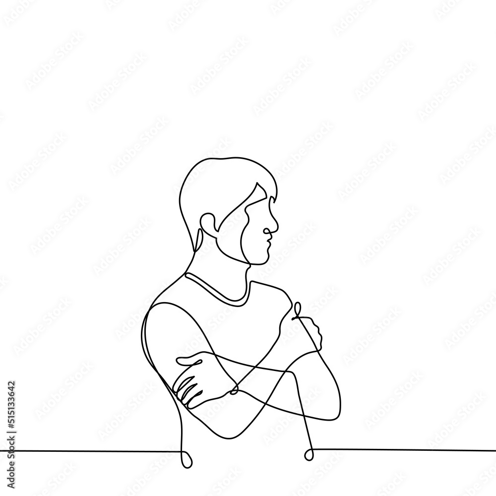 man stands with his hands hugging his shoulders - one line drawing ...