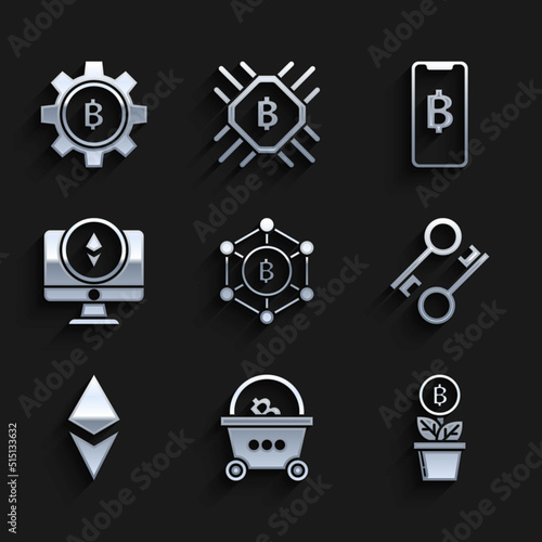 Set Blockchain technology Bitcoin, Shopping basket with bitcoin, plant the pot, Cryptocurrency key, Ethereum ETH, Monitor and, Phone mobile cryptocurrency and icon. Vector