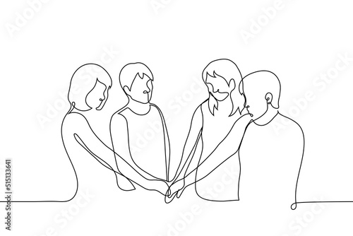 company of people put their hands together - one line drawing vector. men and women teamed up. concept friendly colleagues, best friends, strong team spirit
