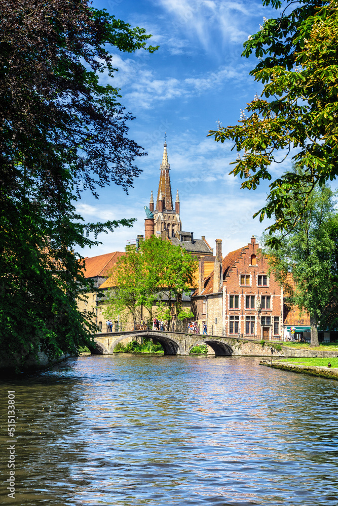 View of the Beguinage bridge in Bruges, Belgium.