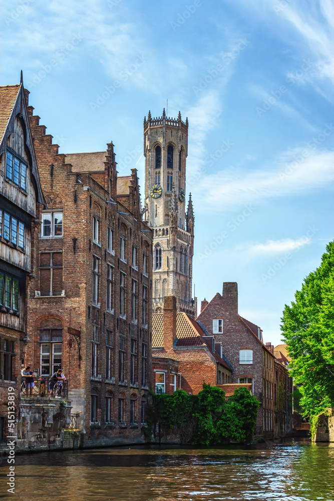 Scenic view of the belfry tower, known as Belfort in the historic town of Bruges in Flanders, Belgium.