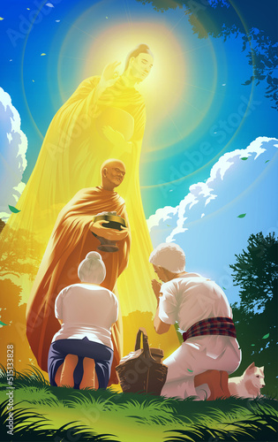 a monk is giving a blessing to an old man and old woman for their offering alms to a monk with the image of Gautama Buddha behind