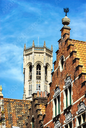 Bruges, Belgium. Historical houses and Belfry tower. photo