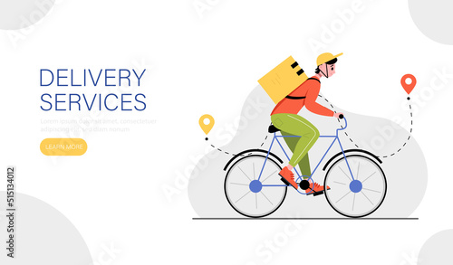 Web banner for delivery services. Fast and free delivery by bicycle courier. Vector illustration.
