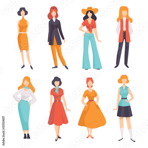 Woman Character Wearing Vintage Clothing from 70s in Standing Pose Vector Set
