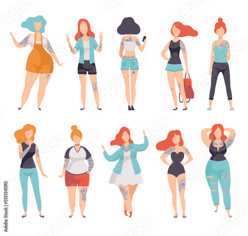Tattooed or Inked Woman in Standing Pose with Slim and Plump Body Vector Set