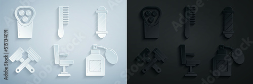 Set Barbershop chair, Classic pole, Crossed shaving razor, Aftershave, Hairbrush and Electrical clipper shaver icon. Vector
