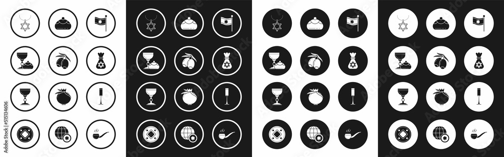 Set Flag of Israel, Olives branch, Jewish goblet and hanukkah sufganiyot, Star David necklace on chain, money bag with star david, sweet bakery, and icon. Vector Set Flag of Israel, Olives branch, Jewish goblet and hanukkah sufganiyot, Star David necklace on chain, money bag with star david, sweet bakery, and icon. Vector