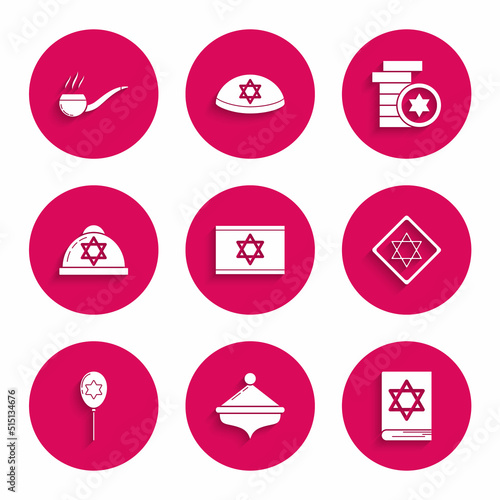 Set Flag of Israel, Hanukkah dreidel, Jewish torah book, Star David, Balloons with ribbon with star david, kippah, coin and Smoking pipe smoke icon. Vector