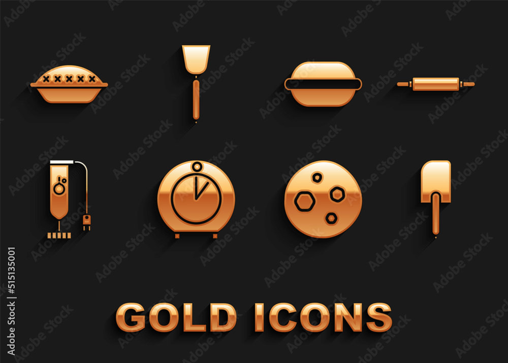 Set Kitchen timer, Rolling pin, Spatula, Cookie or biscuit with chocolate, Blender, Macaron cookie, Homemade pie and icon. Vector Set Kitchen timer, Rolling pin, Spatula, Cookie or biscuit with chocolate, Blender, Macaron cookie, Homemade pie and icon. Vector