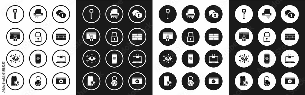 Set Protection of personal data, Lock, Secure your site with HTTPS, SSL, Key, Bricks, Paper shredder confidential, Laptop and lock and Eye scan icon. Vector