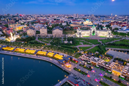 Fototapeta Naklejka Na Ścianę i Meble -  Aerial top view of city Kazan Kazanka river embankment sunset, Tatarstan Russia