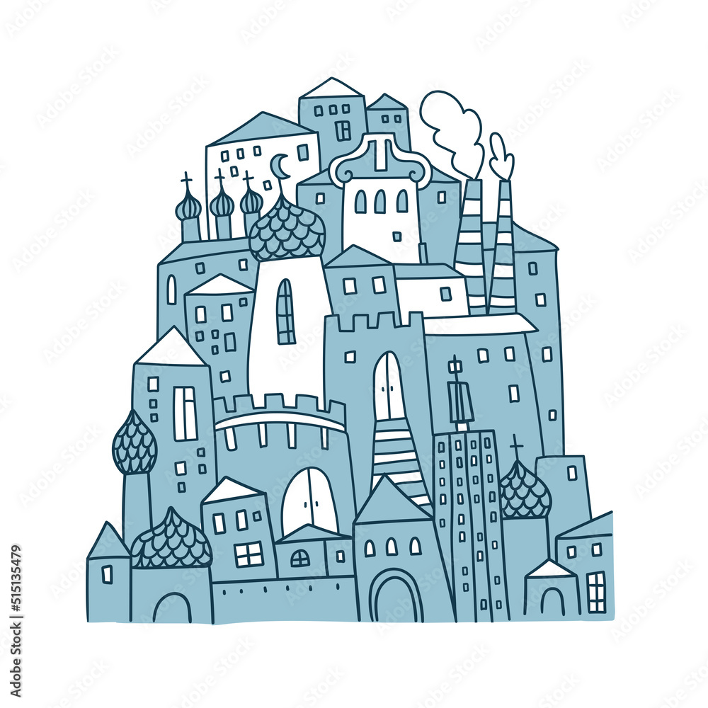 Urban landscape with buildings. City card template. Vector illustration in hand-drawn style. 