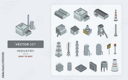 Industrial elements set isolated isometric vector. Color Editable Eps 10.