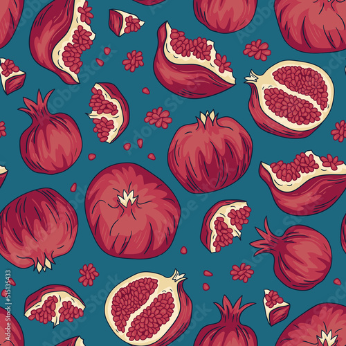 Tropical seamless pattern with pomegranate fruit while and slices with seeds on the blue background. Armenian fruit collection. Vector bright print design. 
