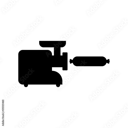 Electric meat grinder icon with big sausage. Black silhouette. Isolated vector illustration on white background.