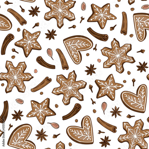 Winter hygge seamless pattern with  spices and Christmas cookies. Vector hand-drawn xmas print design for fabric or wrapping paper. vector illustration.