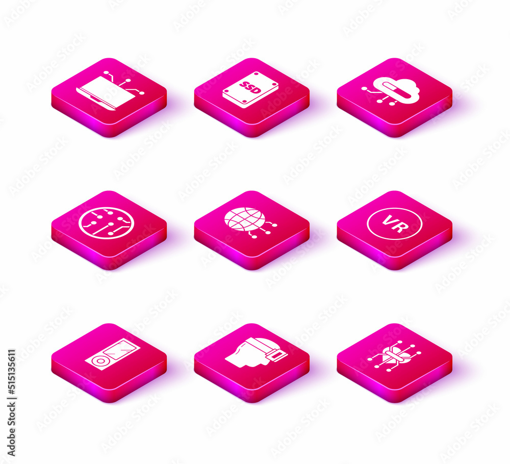 Set Music player, Virtual reality glasses, Processor, Global technology social network, Internet of things and SSD card icon. Vector Set Music player, Virtual reality glasses, Processor, Global technology social network, Internet of things and SSD card icon. Vector