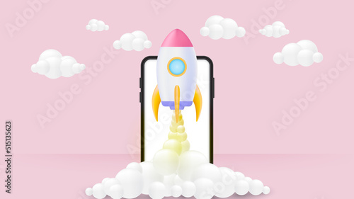 Rocket launch on smartphone. 3d flying rocket icon. business startup project concept. 3d vector illustration.