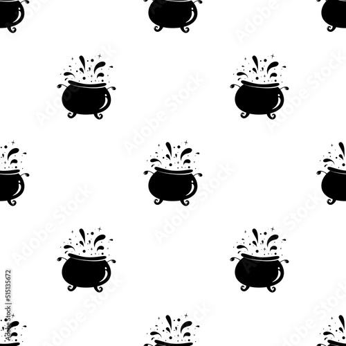 Witches cauldron with potion seamless ornament. caldron cooking pots on white background. Magic, witchcraft or wizardry wallpaper. Halloween pattern