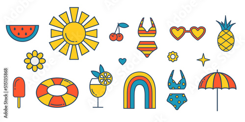 Vector retro summer set. Swimwears, tropical fruits, umbrella and ice cream. Sunglass and rubber ring. Groovy beach. Good vibes.