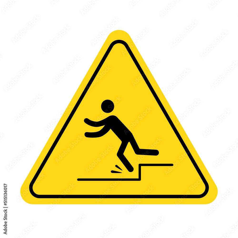 Mind your step icon. Trip, stumble caution sign with fall pictogram man. Warning, danger, yellow triangle sign. Vector illustration.. Mind your step icon. Trip, stumble caution sign with fall pictogram man. Warning, danger, yellow triangle sign. Vector illustration..