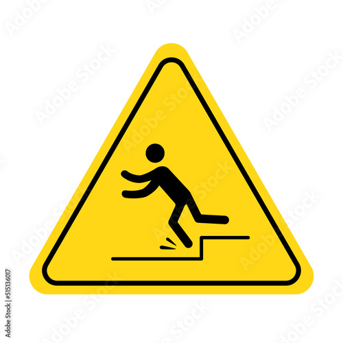 Mind your step icon. Trip, stumble caution sign with fall pictogram man. Warning, danger, yellow triangle sign. Vector illustration..
