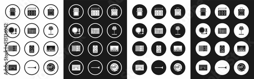 Set Guitar amplifier, Music synthesizer, Microphone, pedal, stand, Drum with drum sticks, Piano and tape player icon. Vector