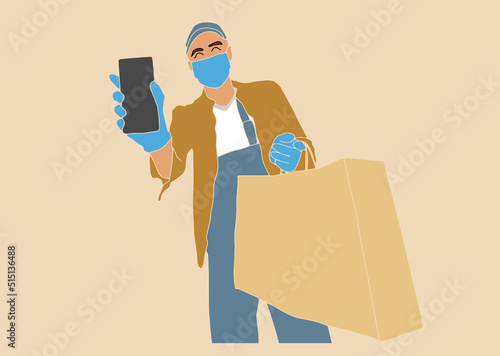Delivery courier man with medical protective mask on his face holding package with delivery truck on background. Delivery during quarantine time. Vector illustration.