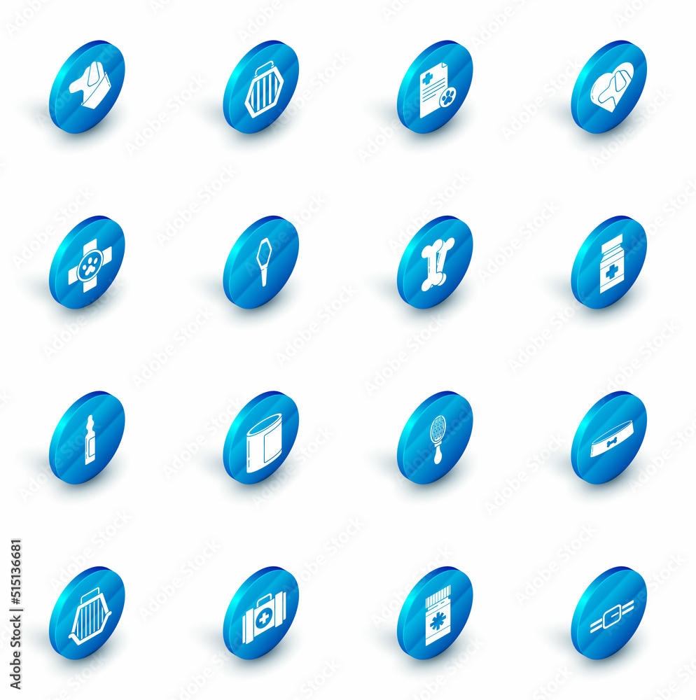 Set Pet carry case, Clipboard with medical clinical record pet, Heart dog, Veterinary symbol, Pets vial, Dog medicine bottle and pills and bone icon. Vector