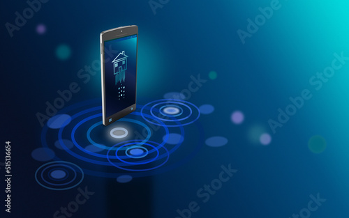 Smartphone with Home Icon Stands on Futuristic Background