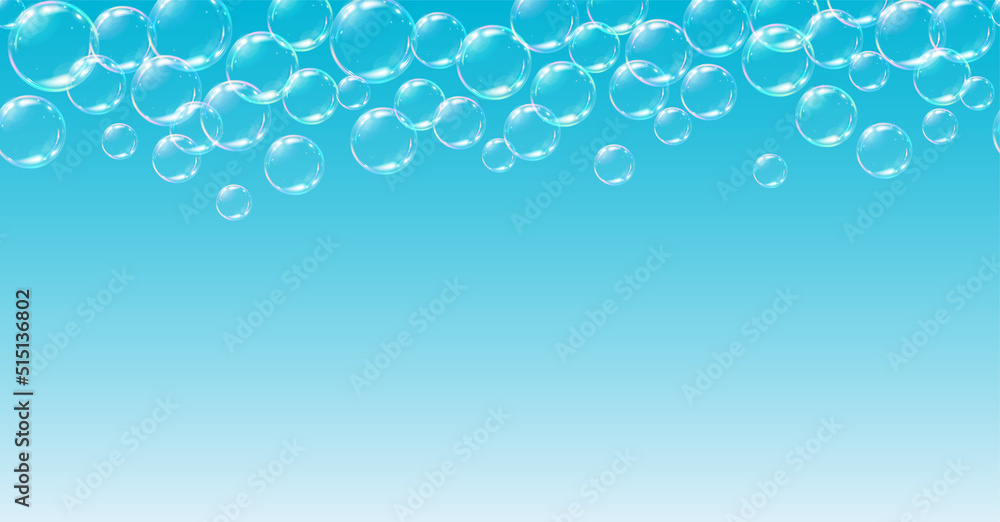 Realistic soap bubbles falling down on blue gradient background seamless horizontal pattern. Vector illustration for shampoo, a foam party, decoration, cover, banner, sale.