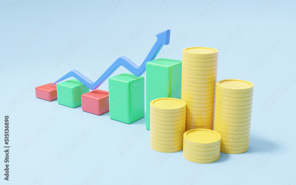 Business graph growth with higher arrow on blue background. Minimal coin stacks. Financial investment trade, saving money concept. Dashboard finance report. Bank deposit in mobile banking. 3d render Business graph growth with higher arrow on blue background. Minimal coin stacks. Financial investment trade, saving money concept. Dashboard finance report. Bank deposit in mobile banking. 3d render