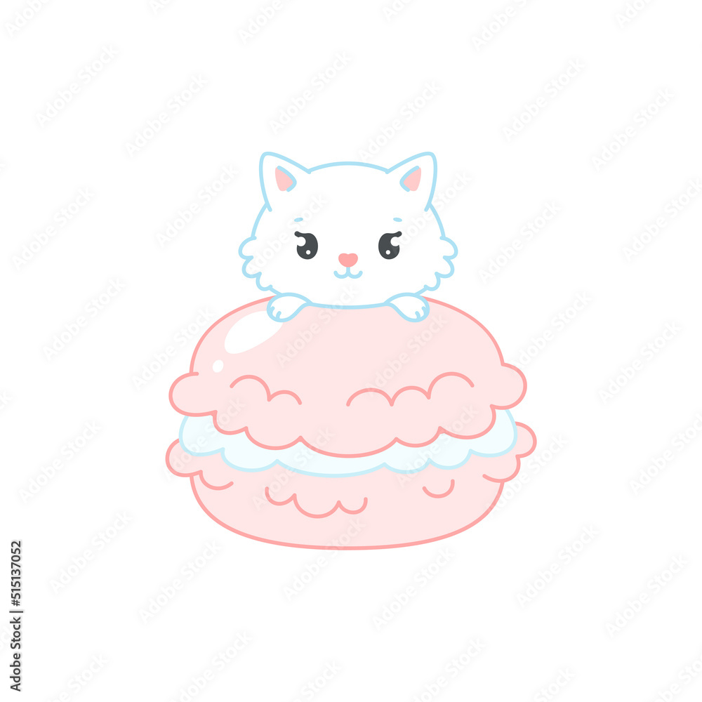 Cute cat and a strawberry dessert. Flat cartoon illustration of a little white kitten sitting on a pink macaroon. Vector 10 EPS.
Cute cat and a strawberry dessert. Flat cartoon illustration of a little white kitten sitting on a pink macaroon. Vector 10 EPS.