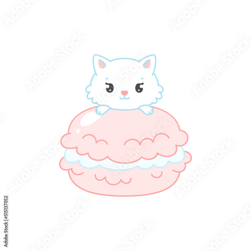 Cute cat and a strawberry dessert. Flat cartoon illustration of a little white kitten sitting on a pink macaroon. Vector 10 EPS.
