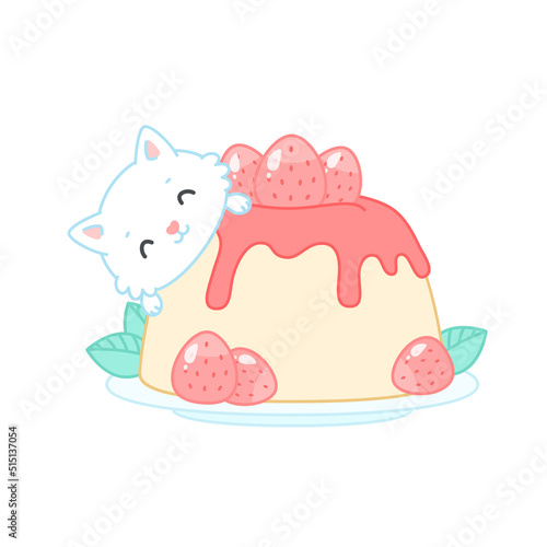 Cute cat and a strawberry dessert. Flat cartoon illustration of a little white kitten sitting on a panna cotta with jam. Vector 10 EPS.