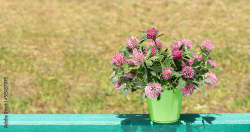 A bouquet of clover wild flowers in a decorative bucket on a blurred background. A pretty simple still life. Place for text. Copy space.