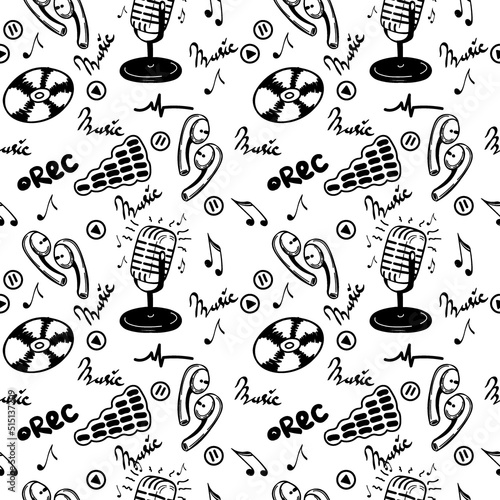 A seamless pattern of music symbols, hand-drawn doodle-style elements. Microphone, CDs, sheet music, modern headphones and sound recording icons. Vector illustration.